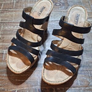 Born Handcrafted Black Leather Platform Cork Heels Wedge Sandals Women's Size 8